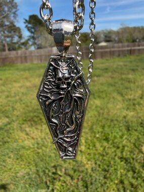 Silver Coffin Pendant Necklace with Skull and Vine Detail - Women's Jewelry